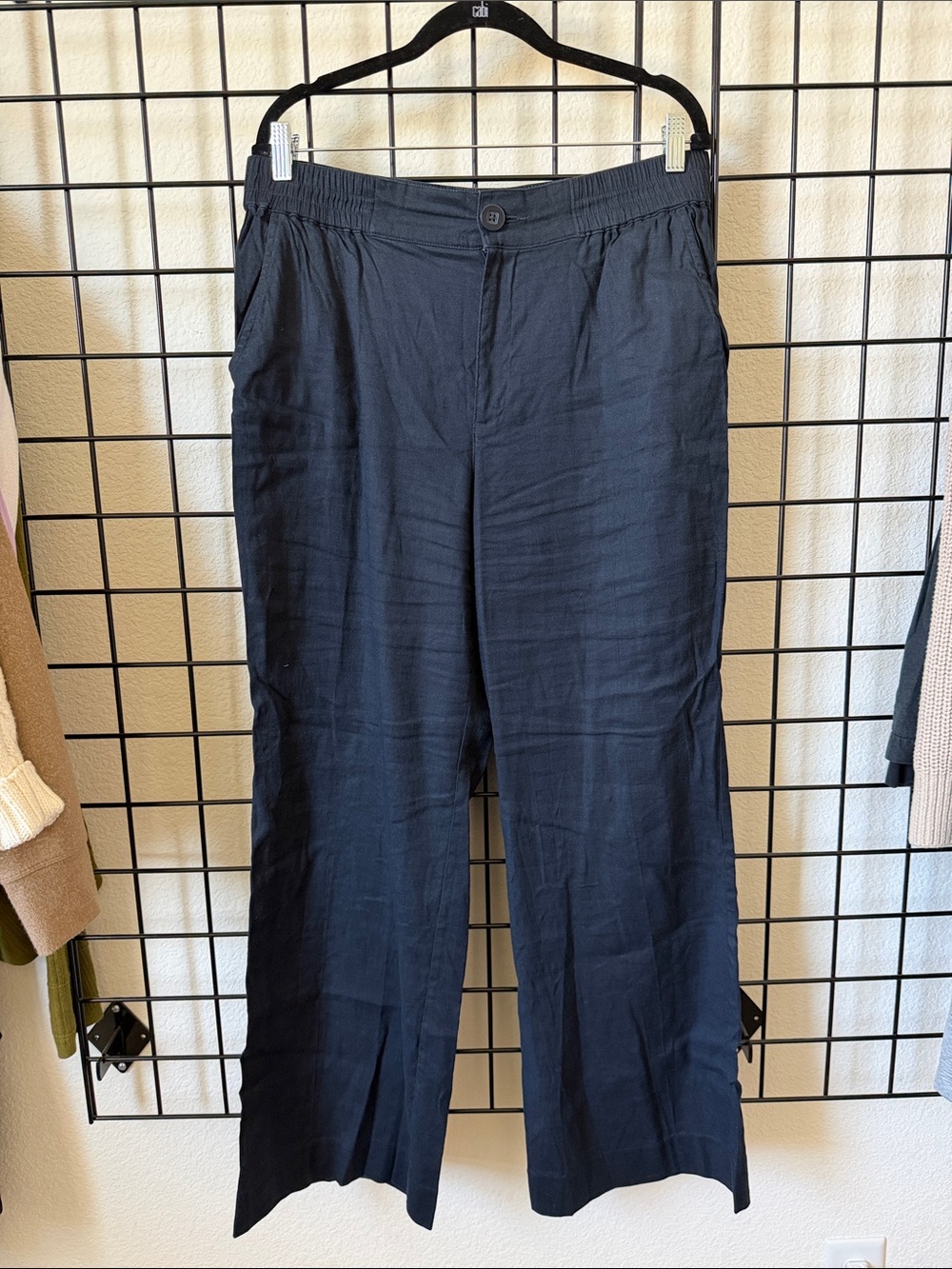 CAbi Navy Linen Wide-Leg Trousers